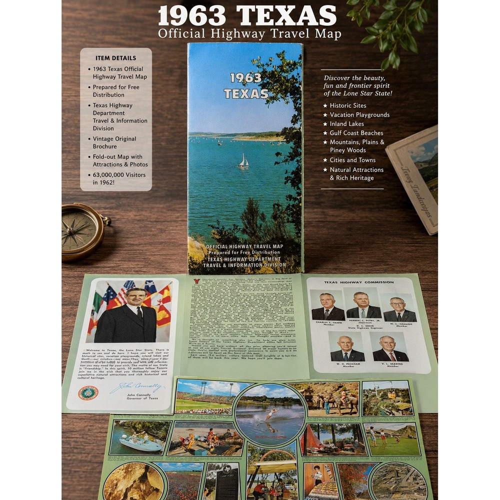 Vintage 1963 Texas Official Highway Travel Map John Connally Governor‎ Ephemera